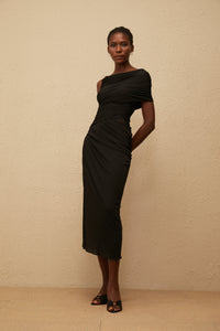 Latika Black One Shoulder Gathered Midi Dress