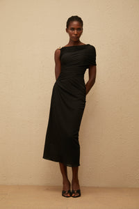 Latika Black One Shoulder Gathered Midi Dress