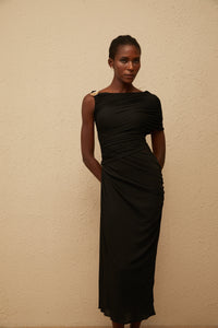 Latika Black One Shoulder Gathered Midi Dress