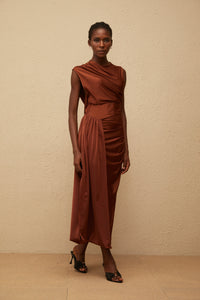 Reine Brown Asymmetrical Ruched Maxi Dress