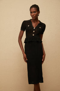 Theodora Black Crochet Knit Midi Dress