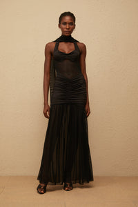 Léana Black Mesh Panel Ruched Maxi Dress