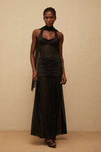 Léana Black Mesh Panel Ruched Maxi Dress