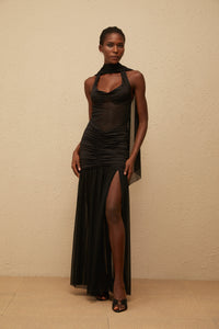 Léana Black Mesh Panel Ruched Maxi Dress