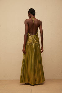 Alchimie Gold Glossy Pleated Maxi Dress