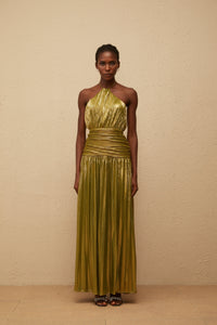 Alchimie Gold Glossy Pleated Maxi Dress