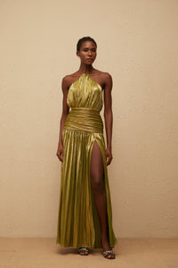 Alchimie Gold Glossy Pleated Maxi Dress