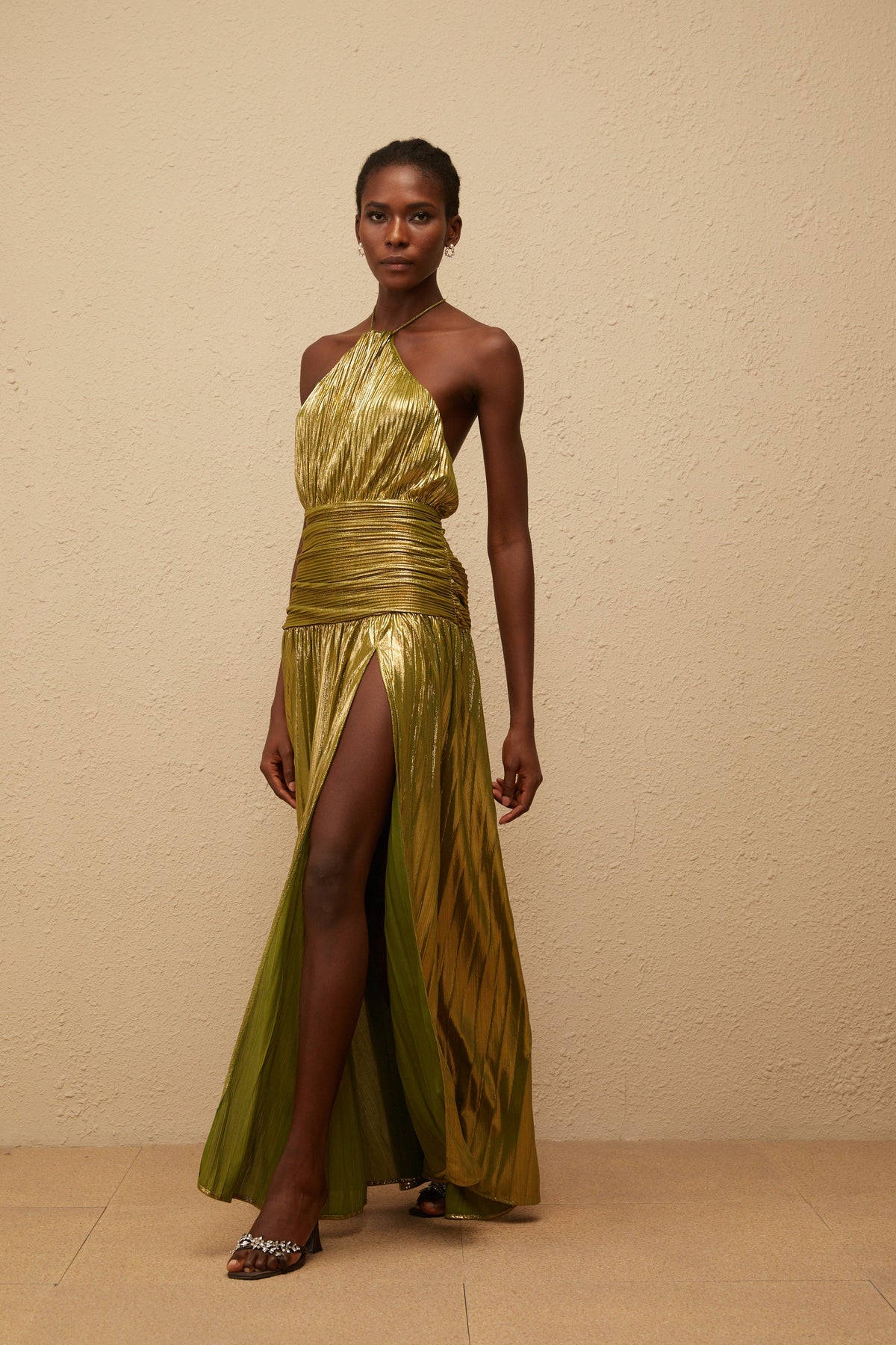 Alchimie Gold Glossy Pleated Maxi Dress