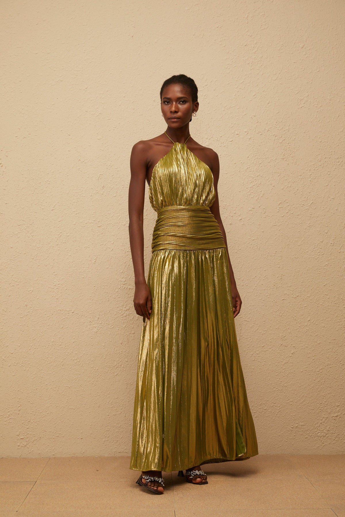 Alchimie Gold Glossy Pleated Maxi Dress