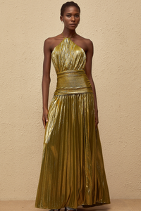 Alchimie Gold Glossy Pleated Maxi Dress