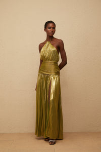 Alchimie Gold Glossy Pleated Maxi Dress