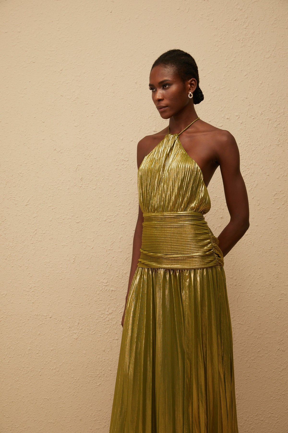Alchimie Gold Glossy Pleated Maxi Dress