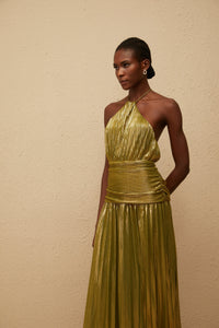 Alchimie Gold Glossy Pleated Maxi Dress