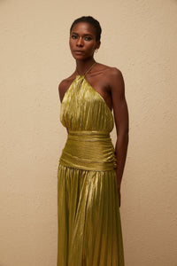 Alchimie Gold Glossy Pleated Maxi Dress