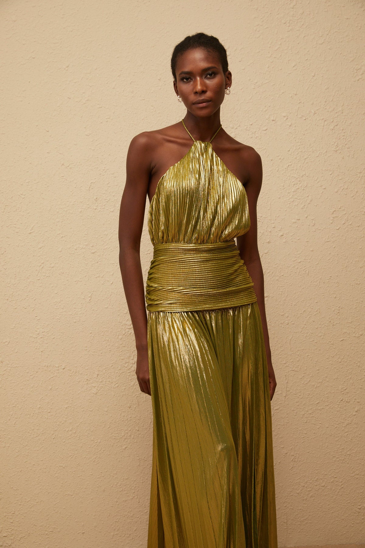 Alchimie Gold Glossy Pleated Maxi Dress