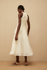 Martha White Faux Pearl Ruched Midi Dress