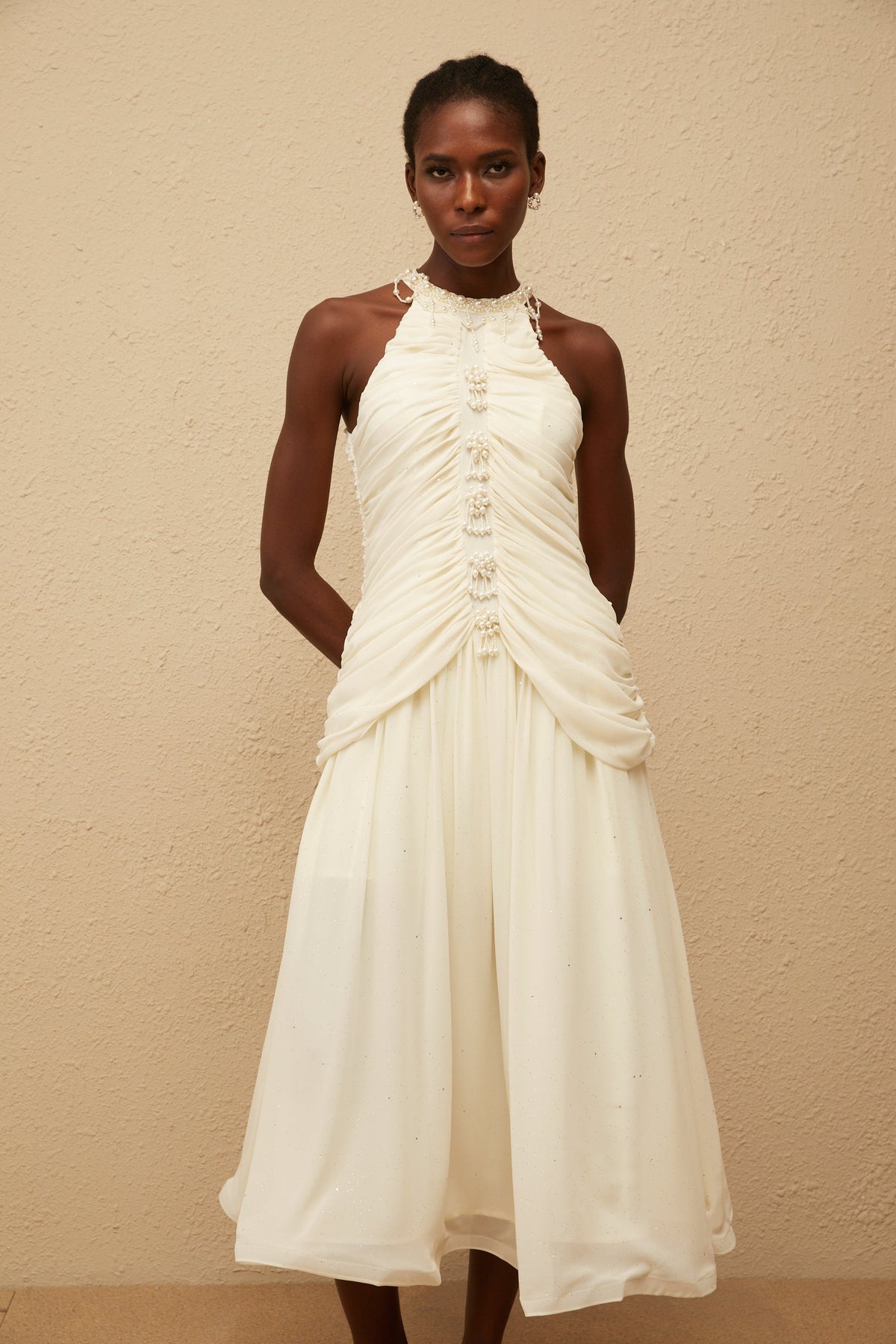 Martha White Faux Pearl Ruched Midi Dress