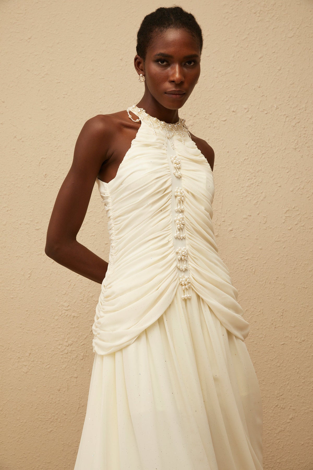 Martha White Faux Pearl Ruched Midi Dress