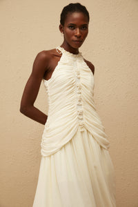 Martha White Faux Pearl Ruched Midi Dress