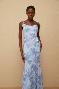 Énigme Blue Jacquard Floral Maxi Dress