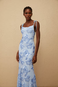 Énigme Blue Jacquard Floral Maxi Dress