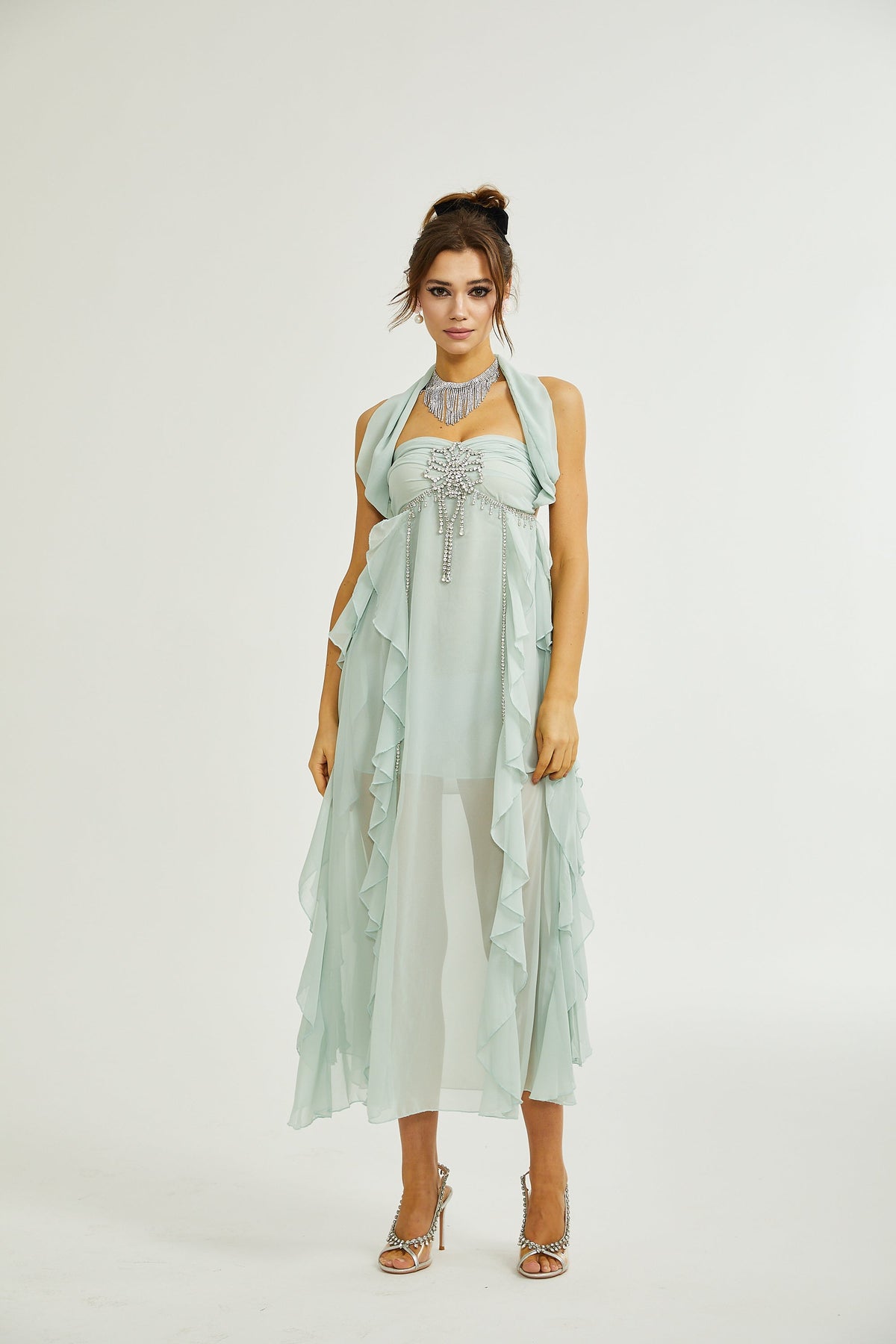 Salilah embellished ruffled midi dress