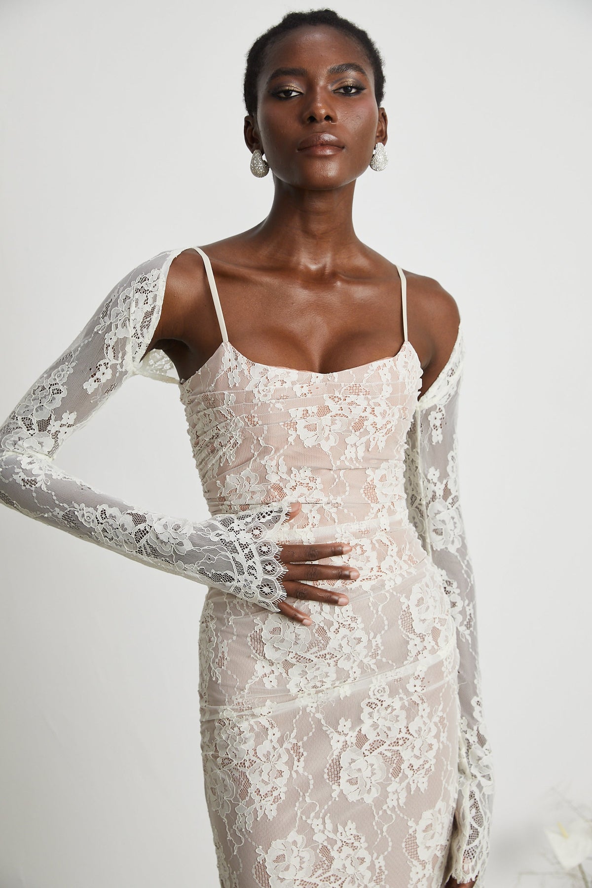 Valérie white floral lace mesh maxi dress