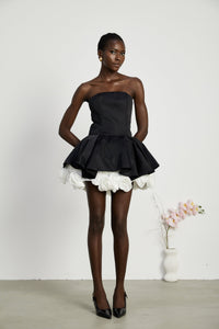 Lucie black petal-layered strapless corset mini dress