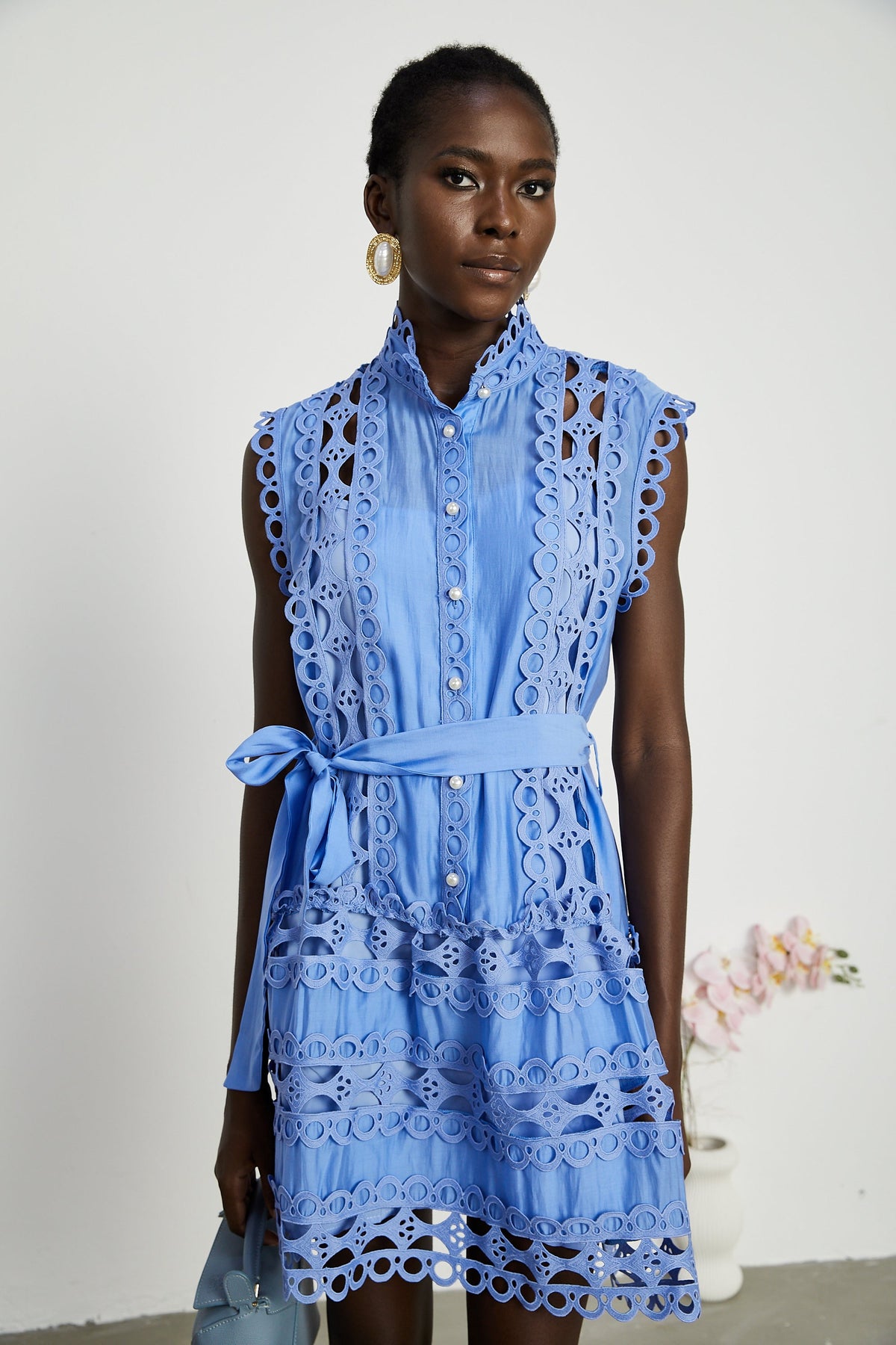 Mireille Blue Cut-out Belted Mini Dress