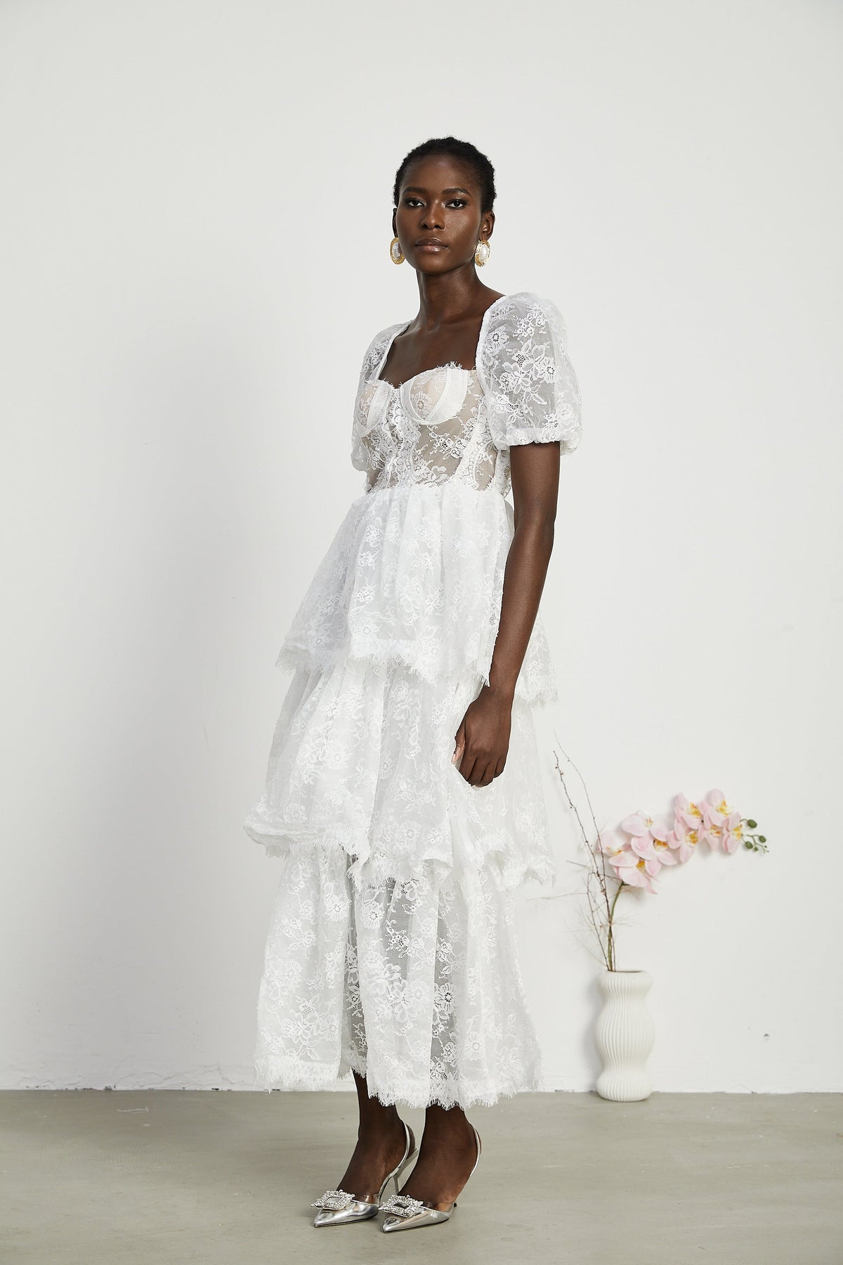Mélisande white lace tiered midi dress