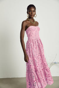 Inès lace floral embroidered cut-out midi dress in Pink