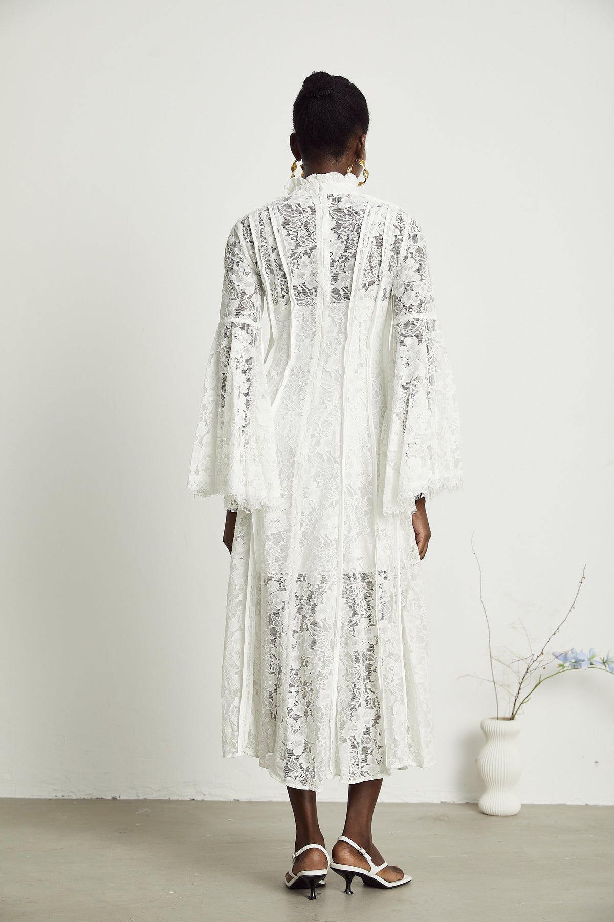 Elodiea White Floral Lace Flared Sleeves Midi Dress