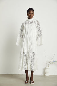 Elodiea White Floral Lace Flared Sleeves Midi Dress