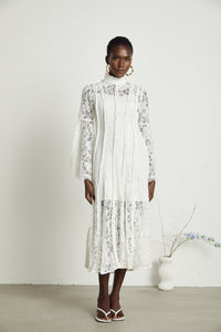 Elodiea White Floral Lace Flared Sleeves Midi Dress