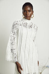 Elodiea White Floral Lace Flared Sleeves Midi Dress