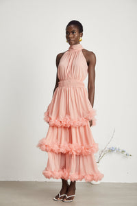 Micah pink 3D-petal tiered midi dress