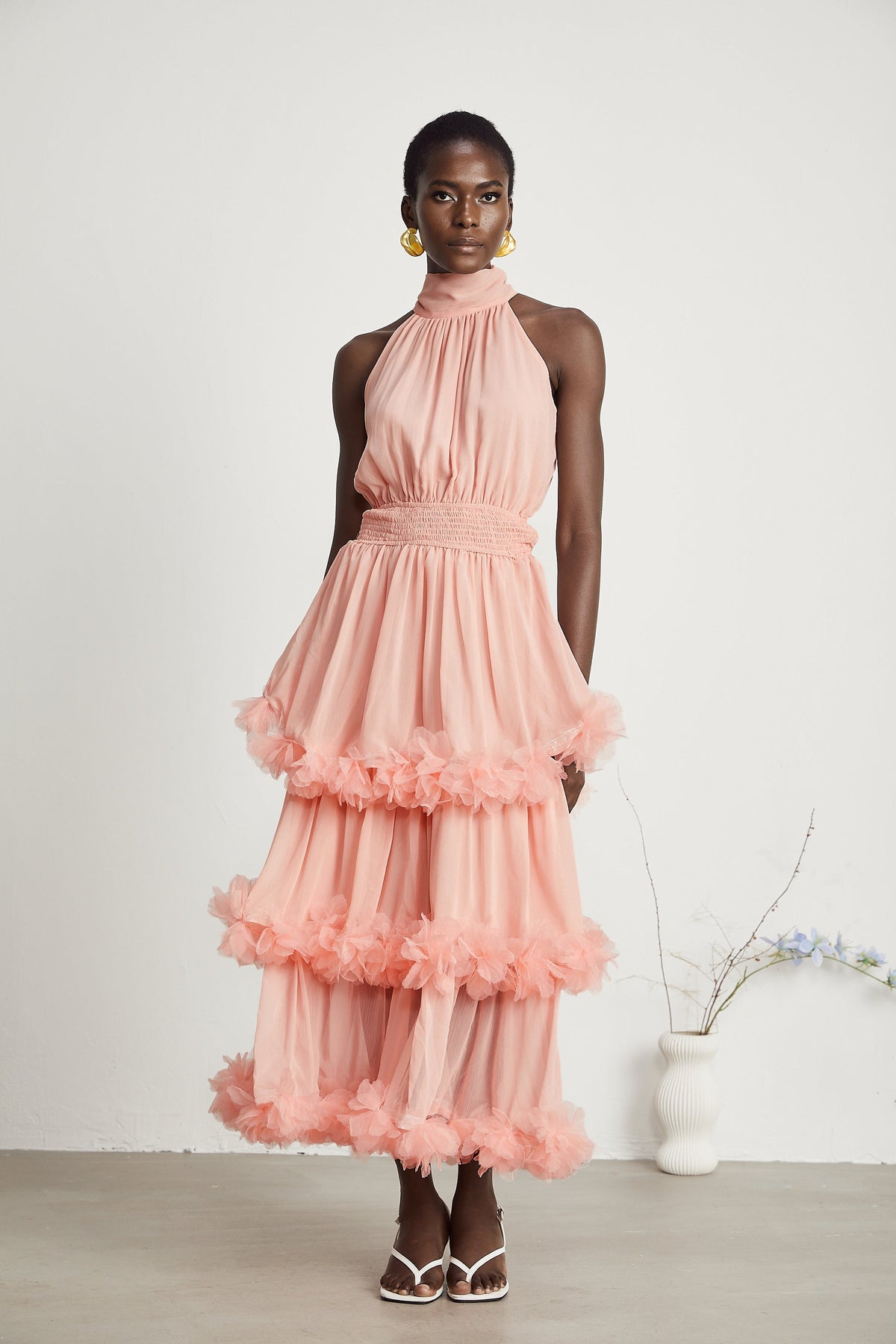 Micah pink 3D-petal tiered midi dress