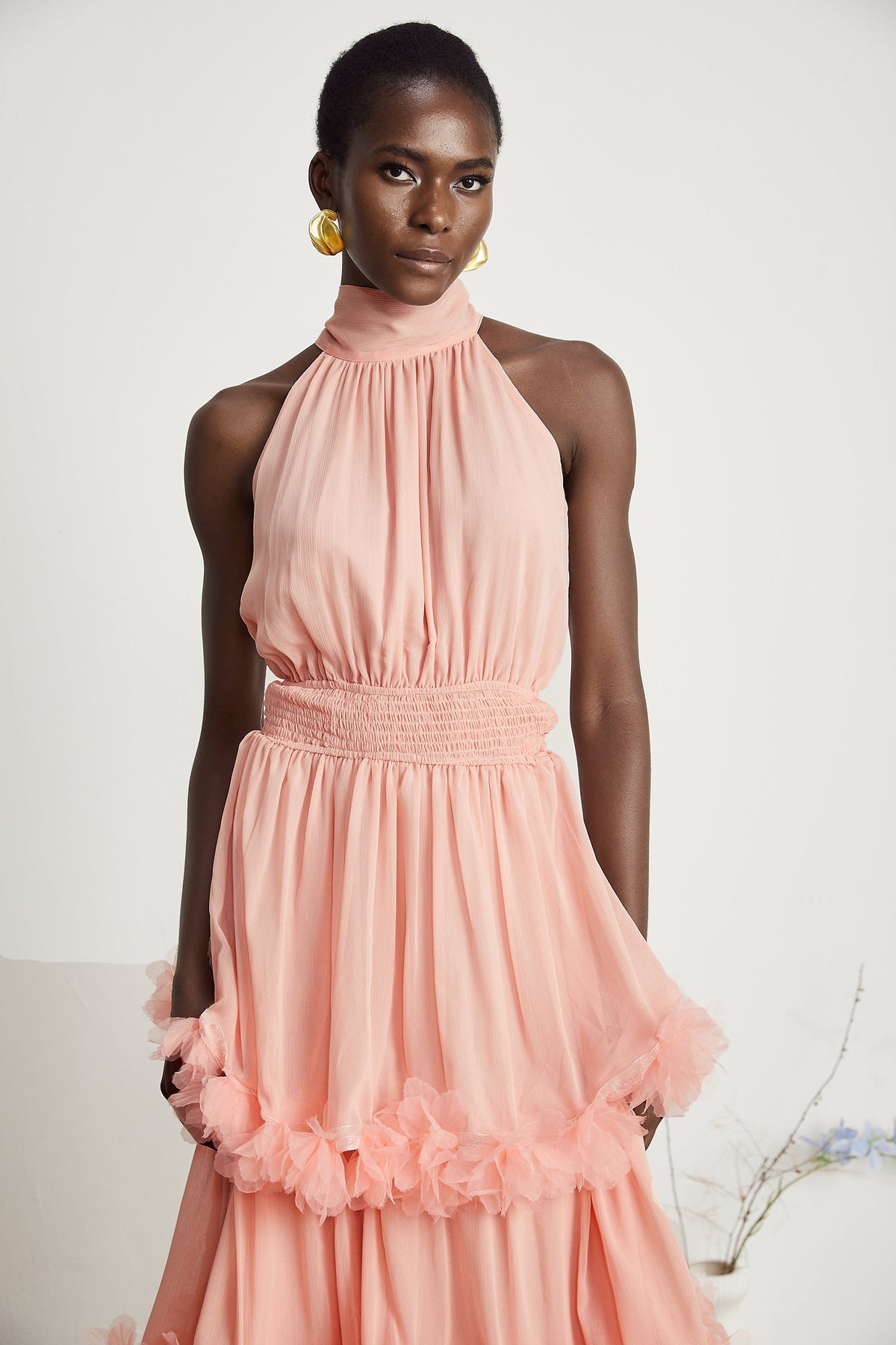 Micah pink 3D-petal tiered midi dress
