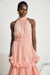 Micah pink 3D-petal tiered midi dress