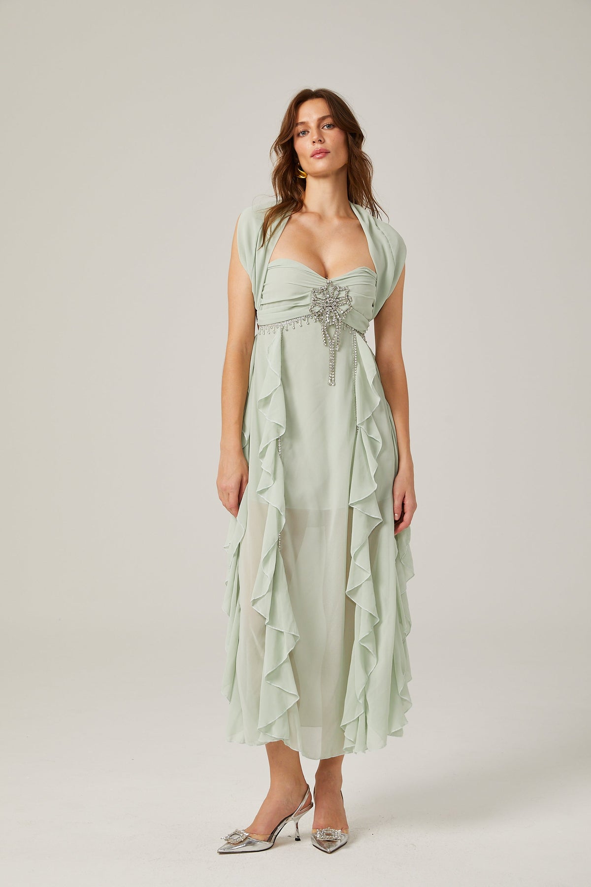 Salilah embellished ruffled midi dress