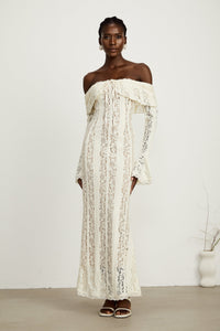 Émeline floral lace flared-cuff maxi dress in Neutrals