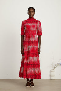 Chantal red scallop-pattern lace-panel maxi dress