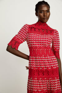 Chantal red scallop-pattern lace-panel maxi dress