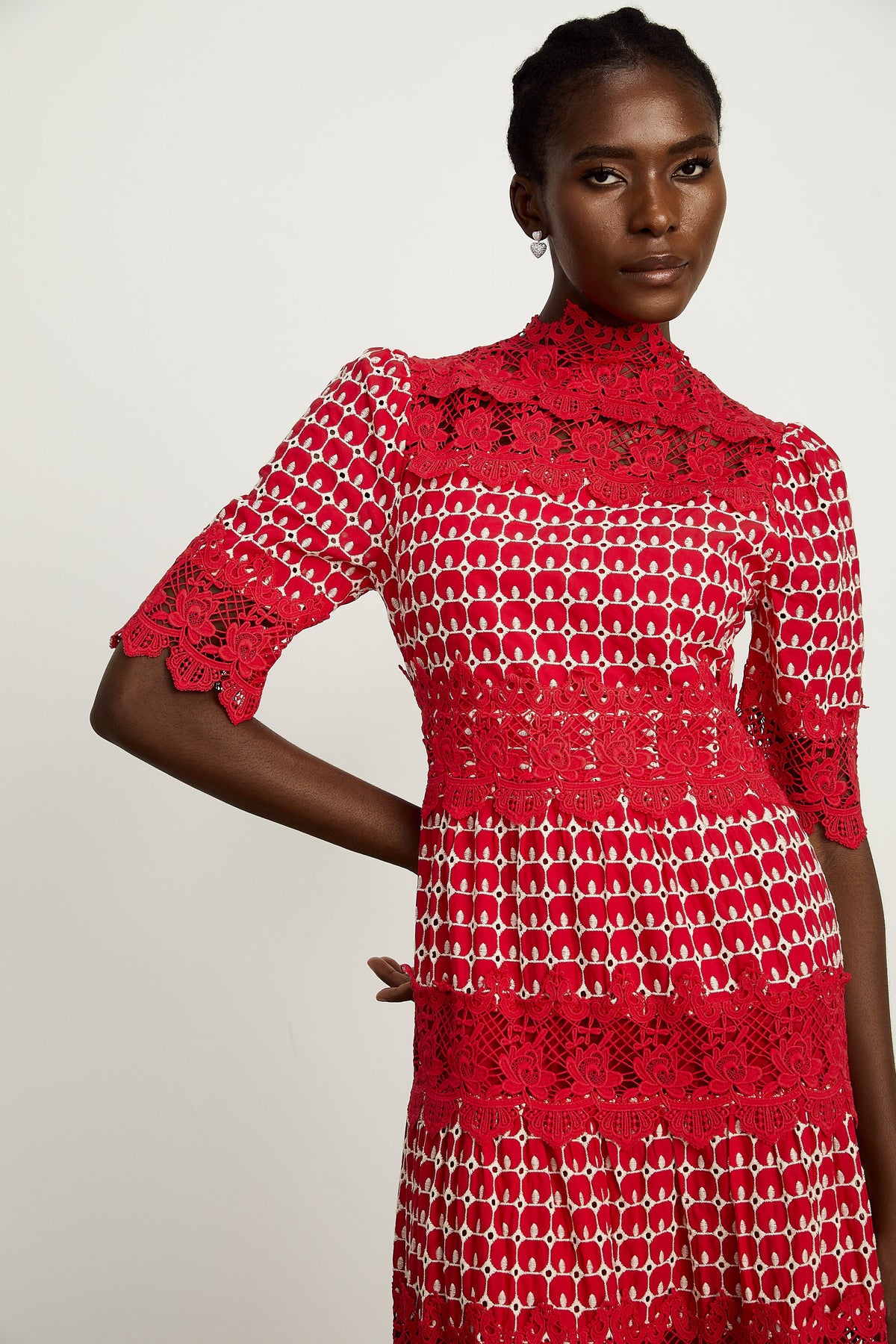 Chantal red scallop-pattern lace-panel maxi dress