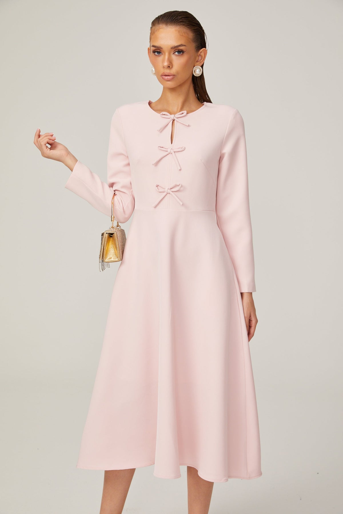 Elise pink bow-detail split-neck midi dress