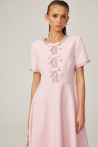 Cassi crystal-accented pink bow midi dress
