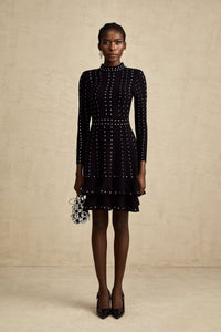 Fabienne Black Embellished Ruffled Knit Mini Dress