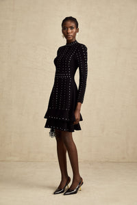 Fabienne black embellished ruffled knitted mini dress