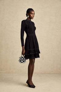 Fabienne Black Embellished Ruffled Knit Mini Dress