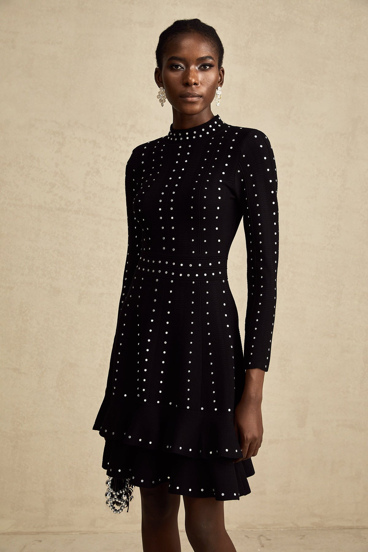 Fabienne Black Embellished Ruffled Knit Mini Dress